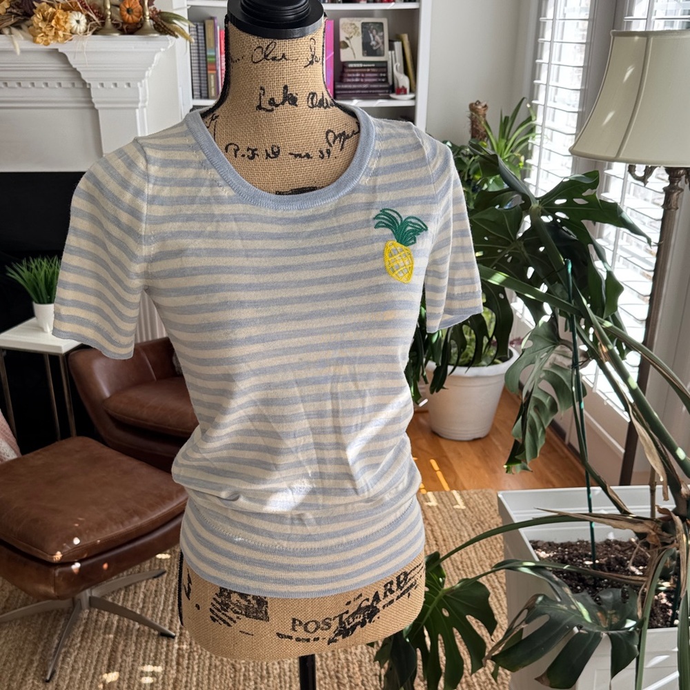 J. Crew Blue and White Striped Blouse with Pineapple Patch